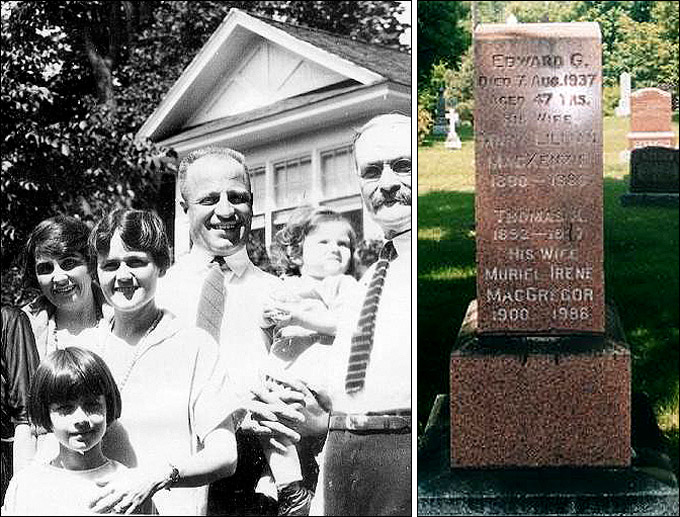 Слева — Эдди Джерард среди родственников (1931 год). Справа — могила Эдди Джерарда на кладбище Бичвуд в Оттаве