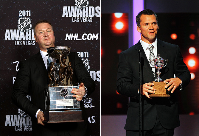 Слева – Майк Гиллис, лучший генменеджер "Ванкувера" и "всея НХЛ". Справа – Мартин Сан-Луи с "Леди Бинг Трофи"
