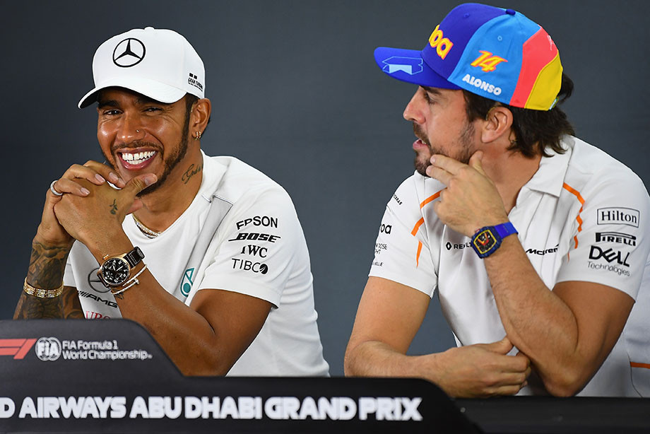 Хэмилтон и Алонсо на пресс-конференции перед Гран-при Абу-Даби-2018.
