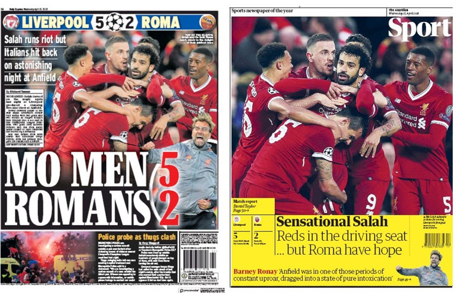 The Guardian: «Сенсационный Салах. Красные за рулём, но у «Ромы» ещё есть надежда»; Daily Espress: «Ребята Мо – 5, римляне – 2».