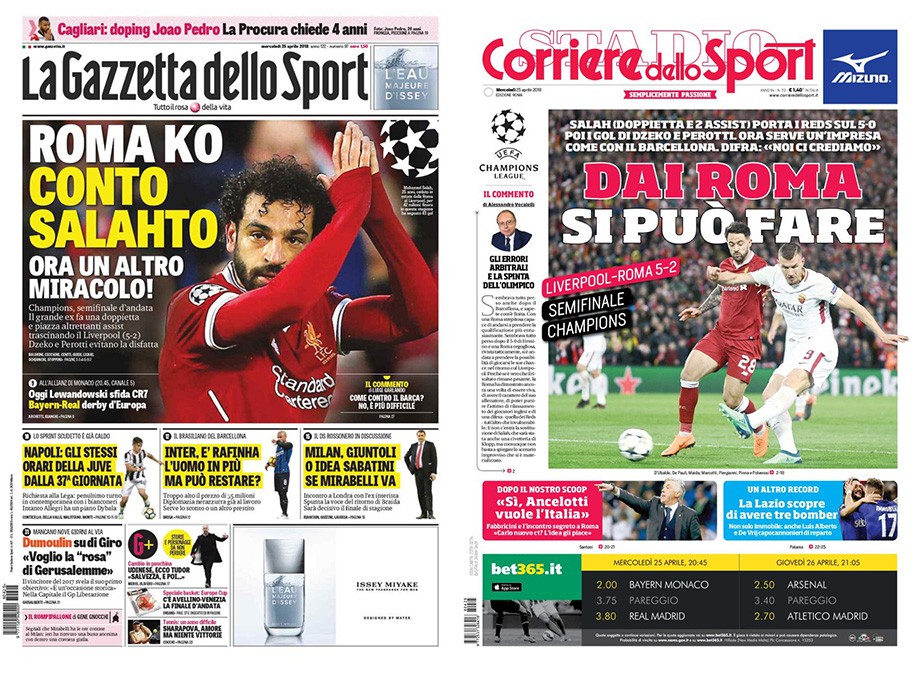 La Gazzetta dello Sport: «Рома» в нокауте от Салаха; Corriere dello Sport: «Вы можете сделать это в Риме»