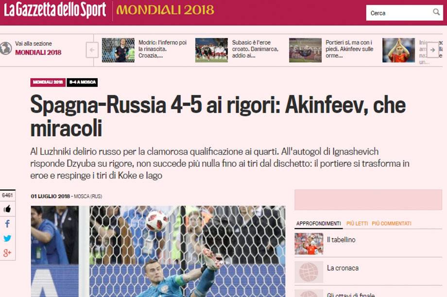 La Gazzetta dello Sport: Акинфеев, что за чудеса La Gazzetta dello Sport: Акинфеев, что за чудеса