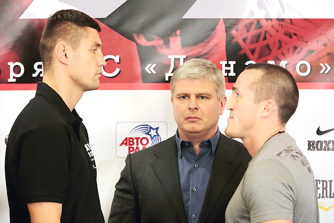 Претендент на титул WBA Павел Колоджей и Чемпион WBA в первом тяжёлом весе Денис Лебедев Претендент на титул WBA Павел Колоджей и Чемпион WBA в первом тяжёлом весе Денис Лебедев