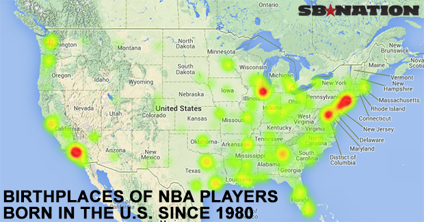 Тепловая карта мест рождения игроков НБА, появившихся на свет начиная с 1980 года