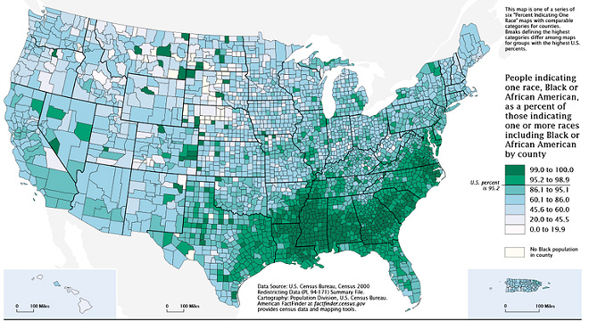 Тепловая карта процента темнокожего населения в округах США
