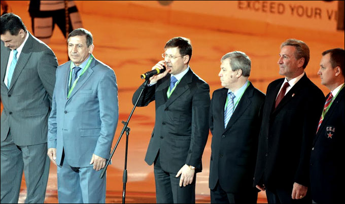 11 апреля 2012 года. Санкт-Петербург. "Большой приз Санкт-Петербурга". Россия (мол) — Финляндия (мол) — 6:3. Церемония открытия турнира 11 апреля 2012 года. Санкт-Петербург. "Большой приз Санкт-Петербурга". Россия (мол) — Финляндия (мол) — 6:3. Церемония открытия турнира