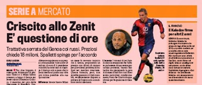 Gazzetta dello Sport: "Зенит" ведёт переговоры по Кришито Gazzetta dello Sport: "Зенит" ведёт переговоры по Кришито