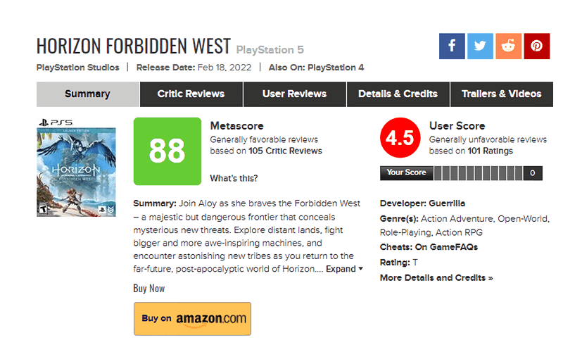Игроки пытались занизить рейтинг Horizon Forbidden West на