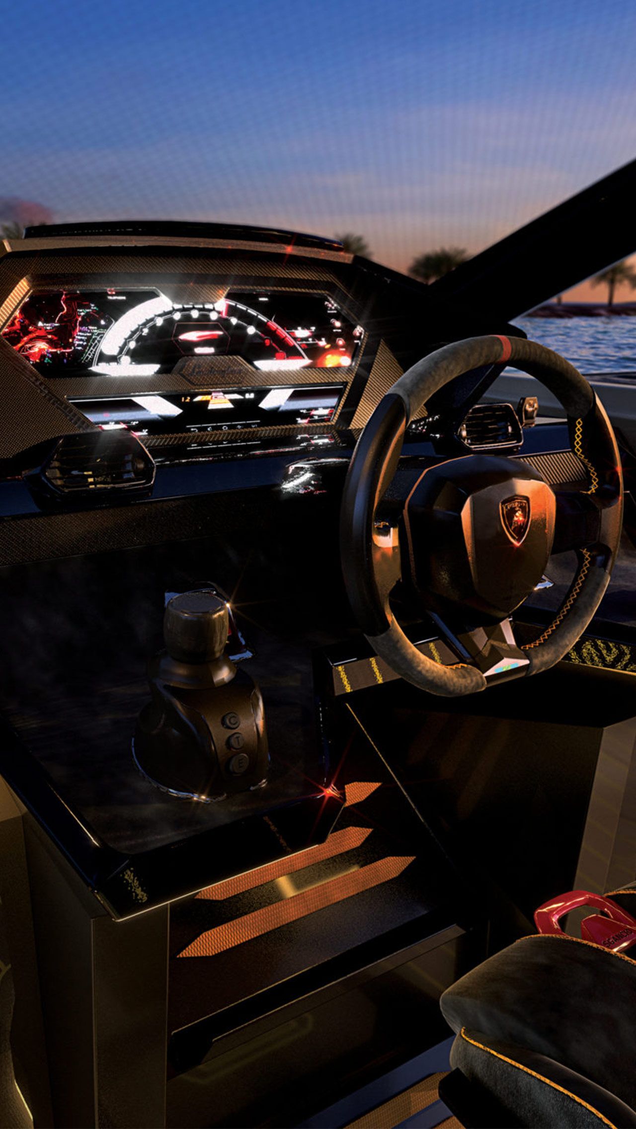Также имеется приборная панель, созданная на основе гибридного спорткара Lamborghini, что резко контрастирует с типичными панелями, используемыми на яхтах.