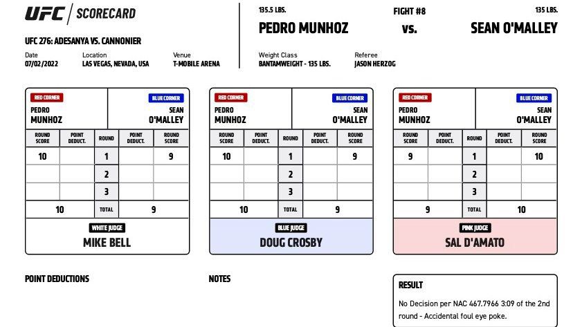 UFC 276: Шон О`Мэлли ткнул пальцами в глаза Педро Муньоса, бой признан несостоявшимся, решение судьи