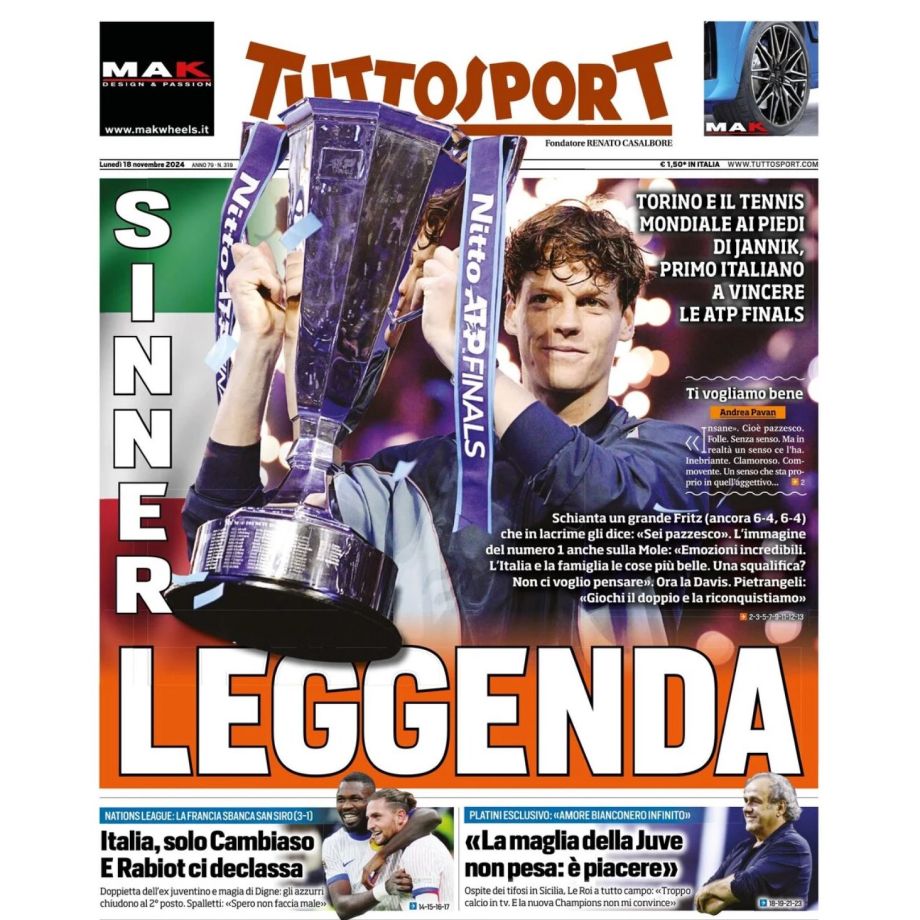 Обложка Tuttosport после победы Янника Синнера на Итоговом