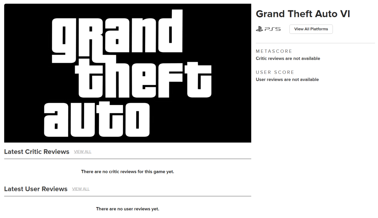 Página de GTA VI está disponível no Metacritic