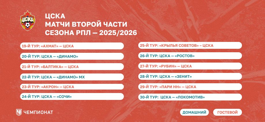 Календарь ЦСКА на весну 2026 года 