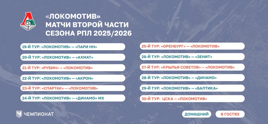 Календарь «Локомотива» на весну 2026 года 