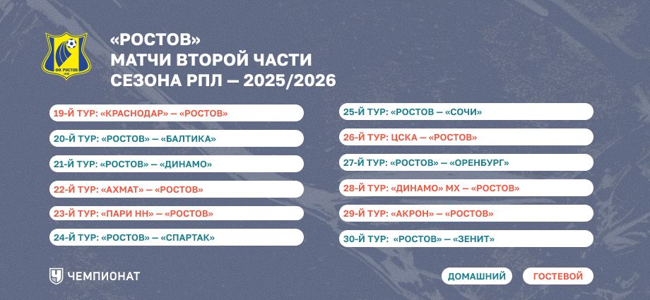 Календарь «Ростова» на весну 2026 года 