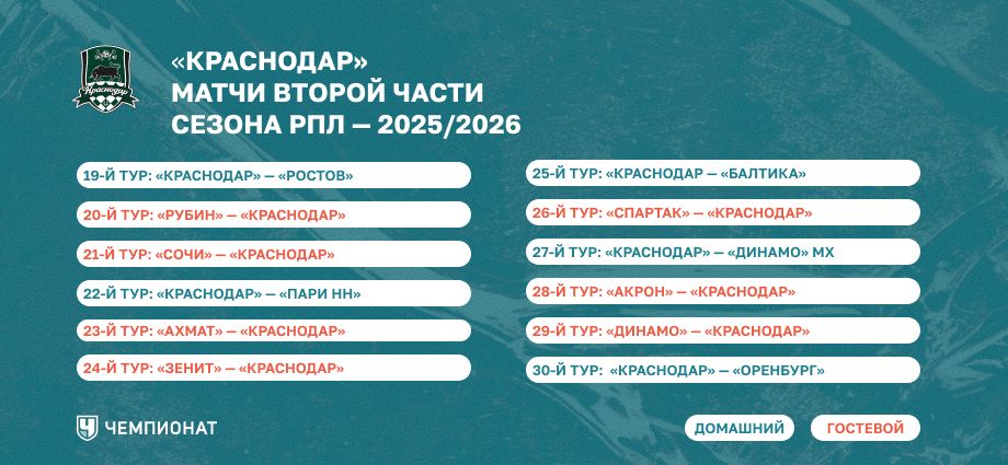 Календарь «Краснодара» на весну 2026 года 