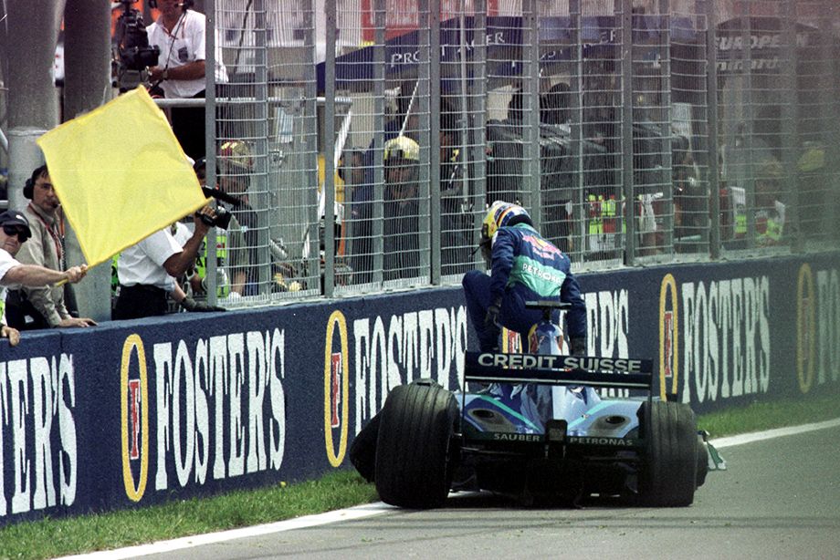 After hitting the Sauber Wall of Champions, Heidfeld was dragged across the track After hitting the Sauber Wall of Champions, Heidfeld was dragged across the track
