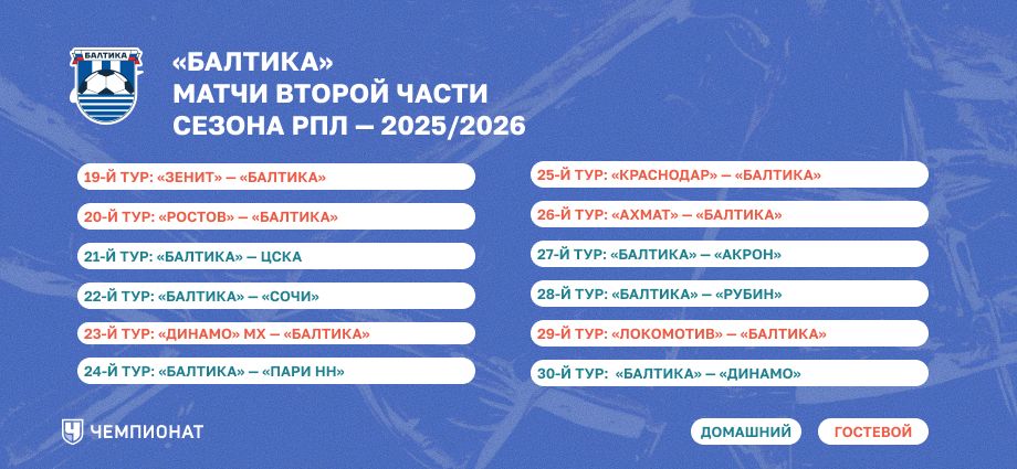 Календарь «Балтику» на весну 2026 года 