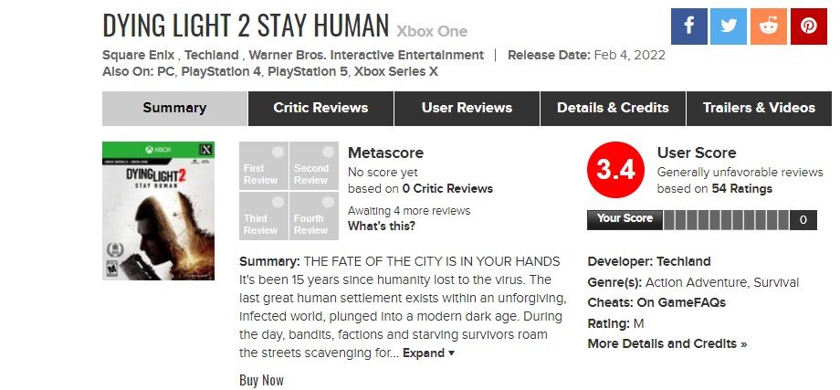 Dying Light 2: Metacritic Score Revealed