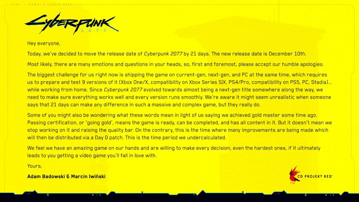 Сообщение о финальном переносе Cyberpunk 2077 Сообщение о финальном переносе Cyberpunk 2077