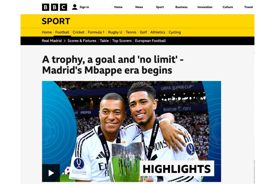 BBC: «Трофей, гол и «без лимита» — начинается эра Мбаппе в Мадриде» BBC: «Трофей, гол и «без лимита» — начинается эра Мбаппе в Мадриде»