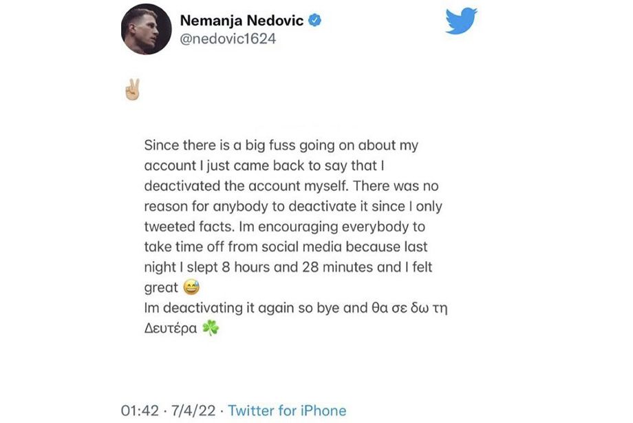 Профиль защитника «Панатинаикоса» Неманьи Недовича пропал из «Твиттера» после резонансной публикации в защиту Сербии