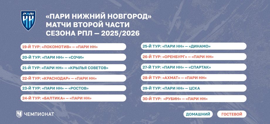 Календарь «Пари НН» на весну 2026 года 