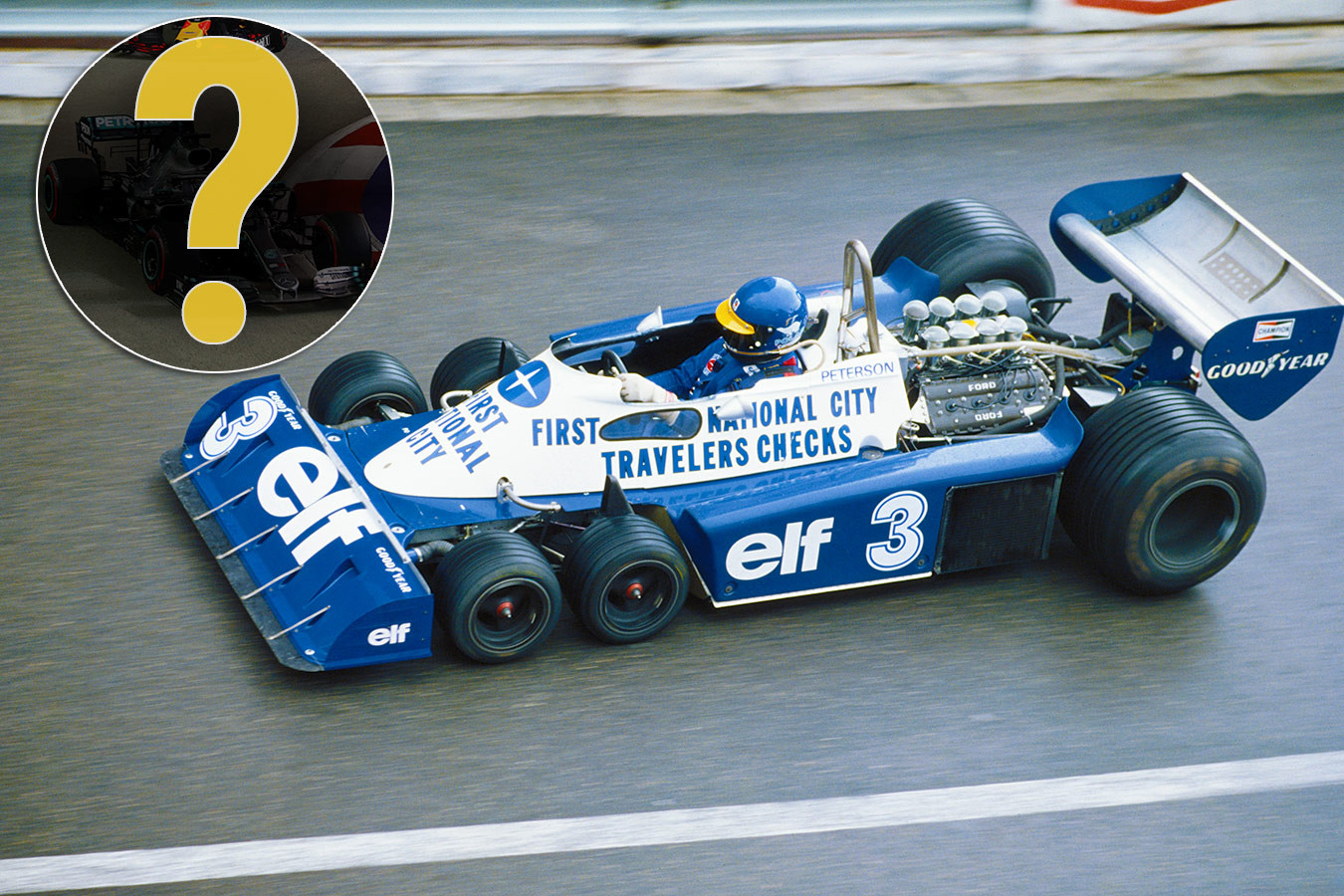 Том ф 1 6. Шестиколесный Тирелл формула 1. 6 Колёсный Болид ф1. Tyrrell p34 Ford. Tyrell машина f1.