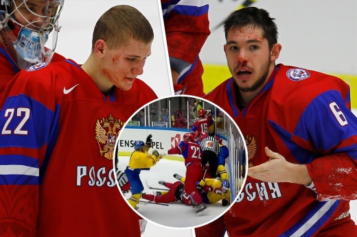 Александр Хованов поцеловал герб России в полуфинале со сборной Швеции на молодёжном чемпионате мира по хоккею — 2020