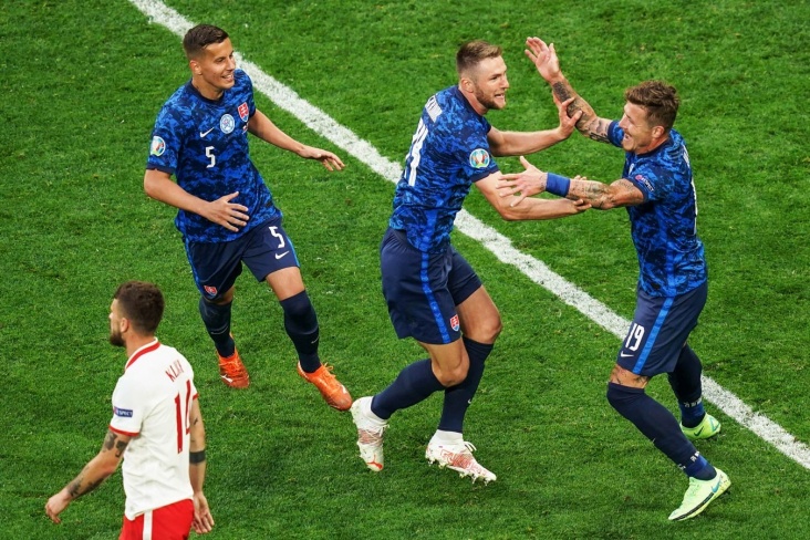 Игроки сборной Словакии празднуют забитый гол
